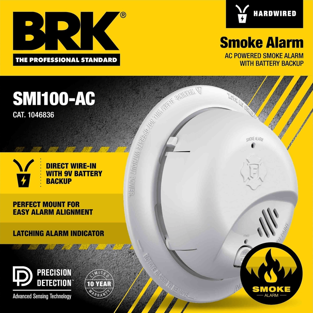 BRK SMI100-AC Smoke Alarm – Hardwired with Ionization Sensor, Battery Backup, and Replaceable Battery