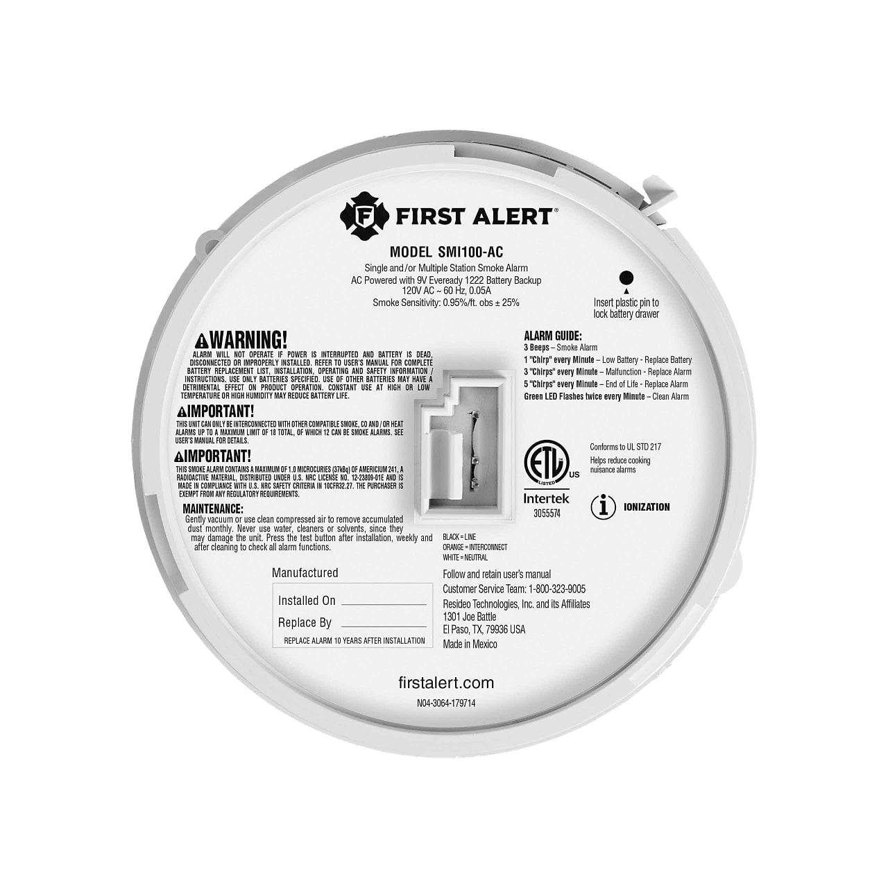 BRK SMI100-AC Smoke Alarm – Hardwired with Ionization Sensor, Battery Backup, and Replaceable Battery