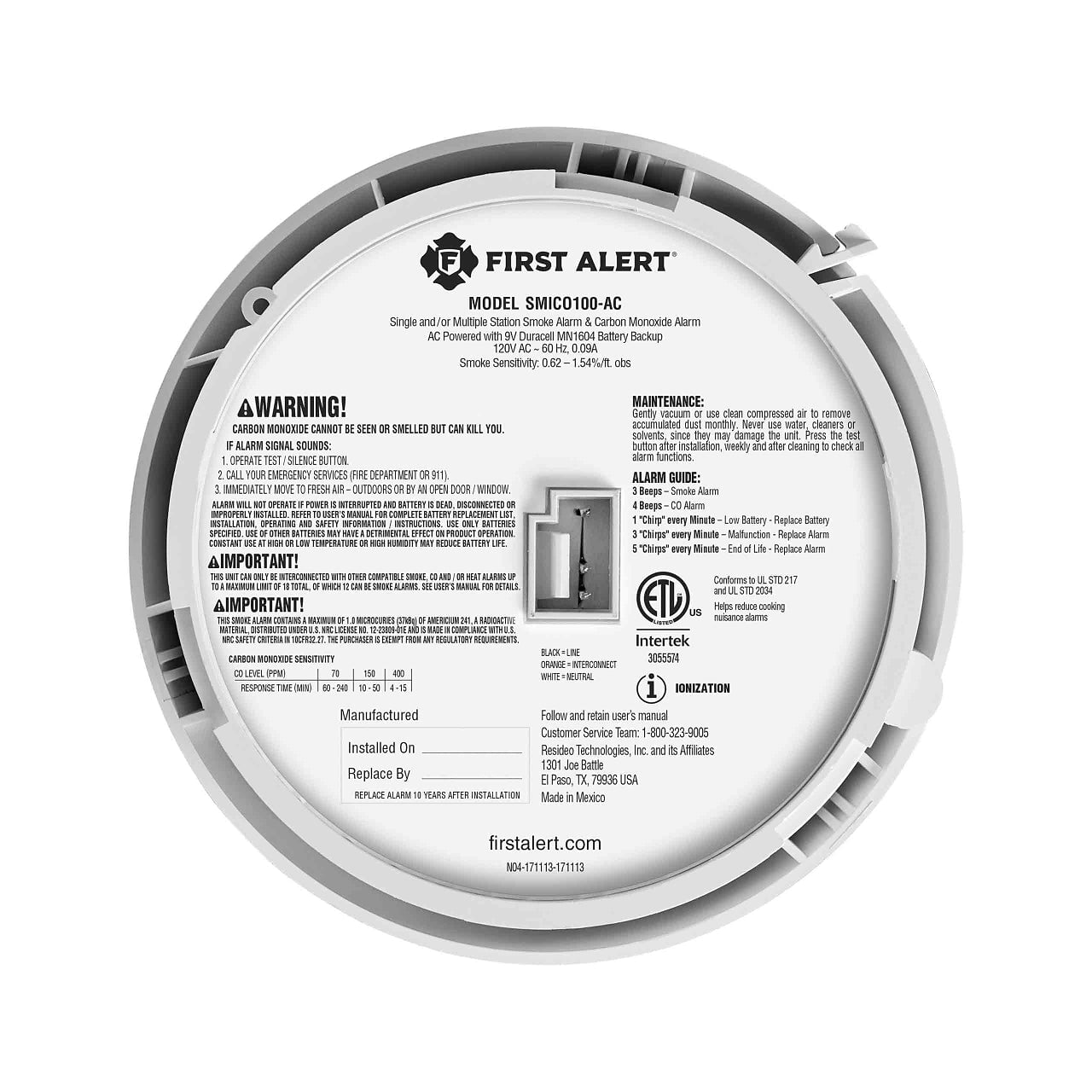 BRK SMICO100-AC Smoke & CO Alarm – Hardwired with Battery Backup and Dual Detection Technology