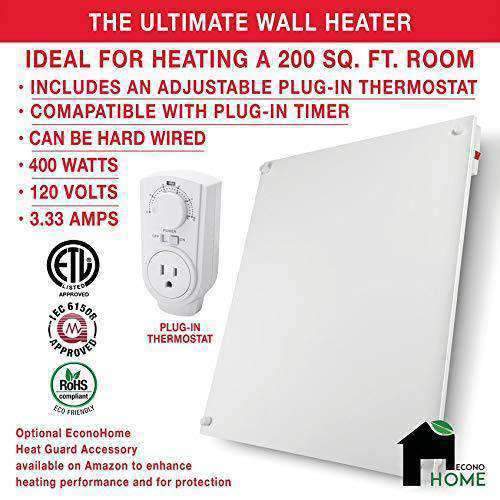 EconoHome - Wall Mount Space Heater Panel - 400 Watt Convector Heater - Thermostat & Reflector Included