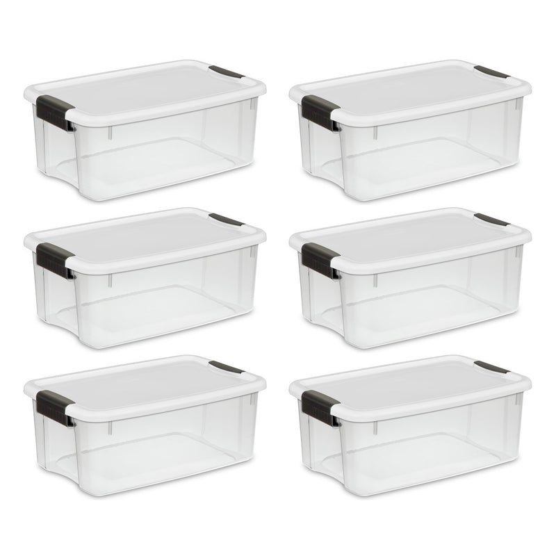 Sterilite 18 Quart/17 Liter Ultra Latch Box, Clear with a White Lid and Black Latches, 6 - Pack