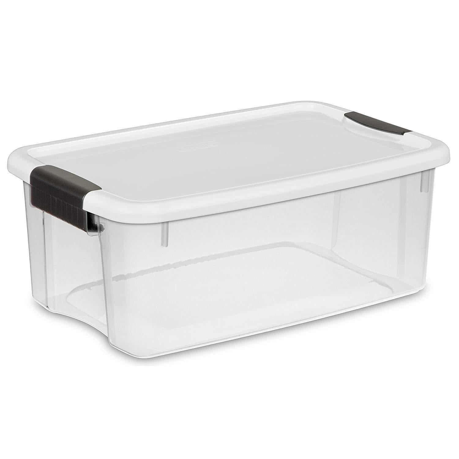 Sterilite 18 Quart/17 Liter Ultra Latch Box, Clear with a White Lid and Black Latches, 6 - Pack