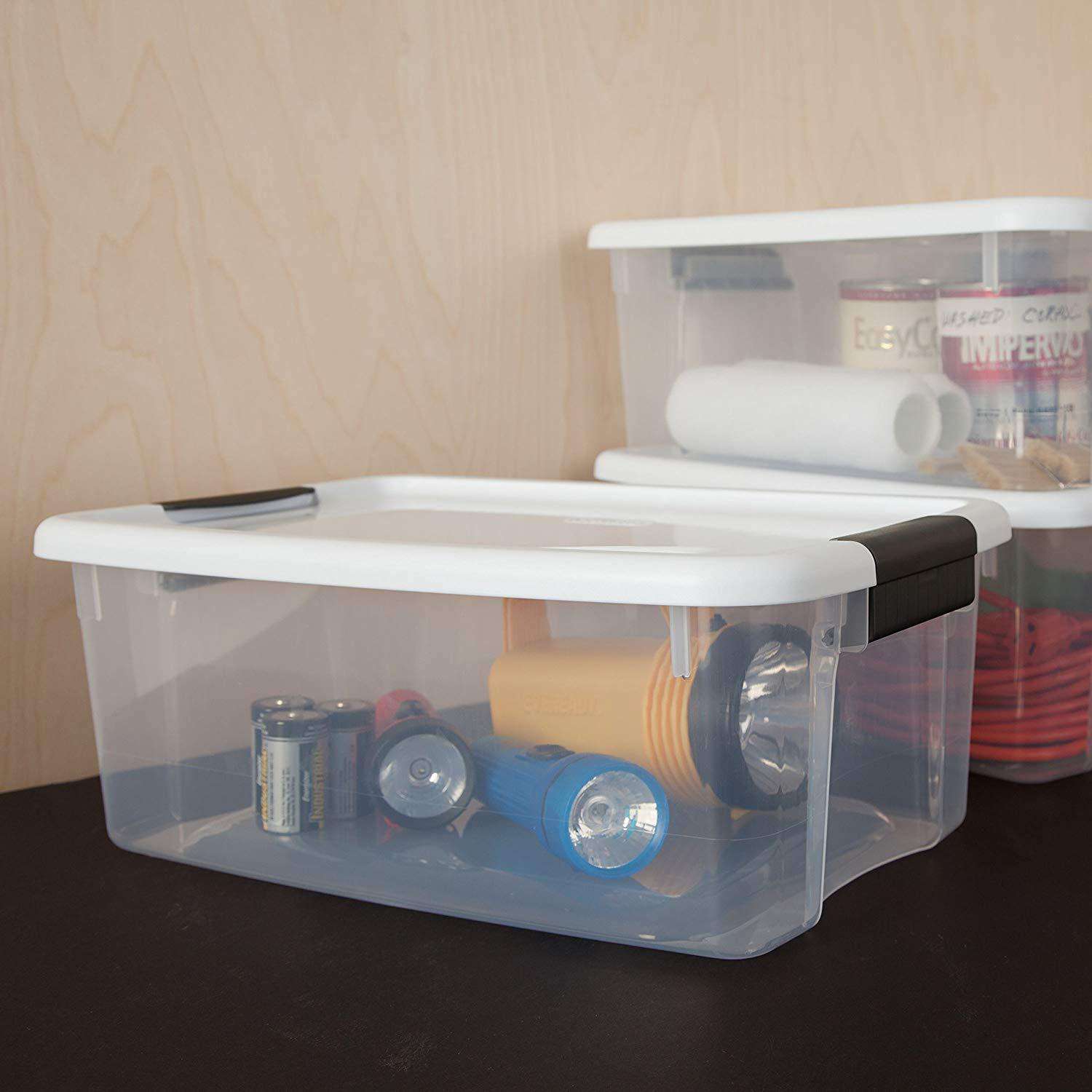 Sterilite 18 Quart/17 Liter Ultra Latch Box, Clear with a White Lid and Black Latches, 6 - Pack
