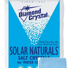 Diamond Crystal Solar Naturals water softener salt 50 lbs with wholesalehome cloth, showing large salt crystals in a bag.