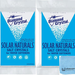 Diamond Crystal Water Softener Salt 50lb. 2-pack with wholesalehome cloth, shown in a clear plastic bag with salt crystals visible.