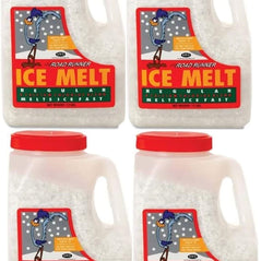 Road Runner Snow Ice Melt Salt 12J-RR 4-pack of 12 lbs jugs, showing the snow and ice melting product in each container.