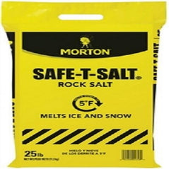 Morton Safe-T-Salt snow ice melt rock salt in a 25 lb bag, used for melting snow and ice on walkways and driveways.