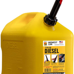 Yellow Midwest Can 8610 5-gallon diesel can with quick flow spout, camping fuel container, durable outdoor storage equipment