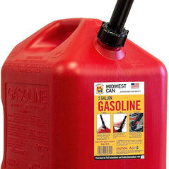 Red Midwest Can 5610 5-gallon gas can with quick flow spout, designed for camping and outdoor fuel transportation.