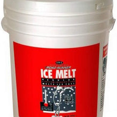 Road Runner 50 lb ice melt salt pail for snow and ice removal, featuring the Road Runner ice melt blend in a sturdy pail.