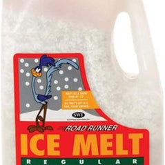 Road Runner 12 lb ice melt salt jug for snow and ice removal, featuring the Road Runner brand and a 12-pound container.
