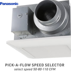 Panasonic WhisperCeiling DC fan with white grille, energy-efficient ventilation, and adjustable airflow from 50 to 110 CFM.