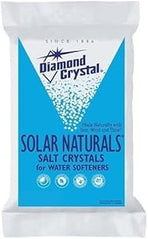 Diamond Crystal Solar Naturals water softener salt, 50 lbs, in a clear plastic bag with salt crystals visible.