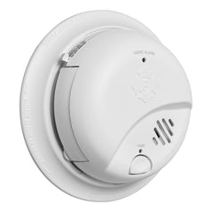 BRK SMI100-AC smoke alarm with ionization sensor, hardwired connection, battery backup, and replaceable battery.