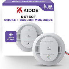 Kidde 30CUA10-V combo smoke and carbon monoxide alarm with hardwired installation, 10-year battery, and voice alert features.