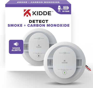 Kidde 30CUA10-V combo smoke and carbon monoxide alarm with hardwired installation, 10-year battery, and voice alert features.