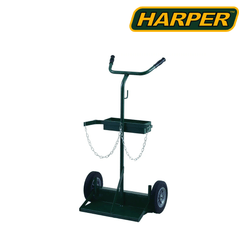 Harper welding cylinder cart with flat-free wheels, designed for 9.5-10.5 inch cylinders, 200 lb capacity, hand truck style.