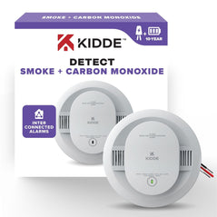 Kidde 30CUA10 combo smoke and carbon monoxide alarm, hardwired with 10-year backup battery, mounted on ceiling.