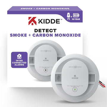 Kidde 30CUA10 combo smoke and carbon monoxide alarm, hardwired with 10-year backup battery, mounted on ceiling.