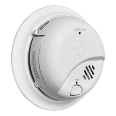 BRK SMI105-AC smoke alarm with ionization sensor, hardwired installation, and 10-year battery backup, mounted on ceiling.