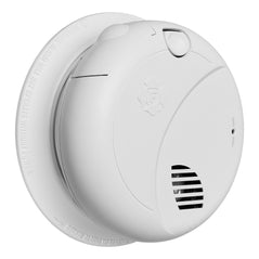 BRK SM100V-AC smoke alarm with voice alerts, hardwired connection, interconnectivity, and replaceable battery, mounted on ceiling.