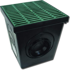POLYLOK 12x12 drain box with grate and seals, plumbing component for drainage systems, shown with installed grate and seals.