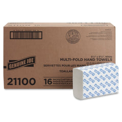 Genuine Joe 21100 multifold hand towels, 250 count per pack, in a 16-pack, made of soft, absorbent paper for commercial use