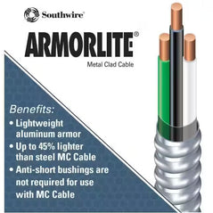 Southwire Armorlite 12-2 MC cable with black, white, and green THHN wires for electrical installations, 600V rated.