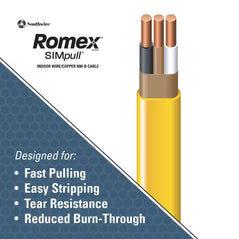 Southwire 12/2 CU NM-B electrical cable with ground, showing insulated copper wires and cable jacket for residential wiring applications.