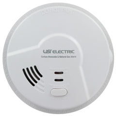 USI Electric MCN108 hardwired smoke and carbon monoxide alarm with battery backup, mounted on ceiling for safety detection.