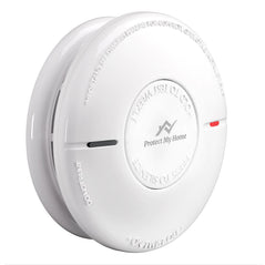 Protect My Home smoke and carbon monoxide detector combo with 10-year built-in battery, wall-mounted device for safety.