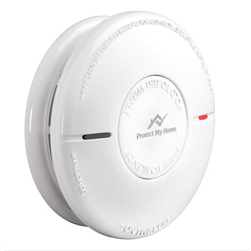 Protect My Home smoke and carbon monoxide detector combo with 10-year built-in battery, wall-mounted device for safety.