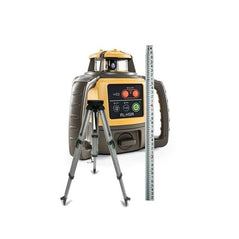 Topcon RL-H5A self-leveling rotary laser level kit with tripod and grade rod, used for precise distance measurement and leveling.