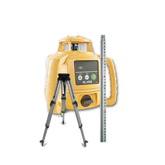 Topcon RL-H5B self-leveling rotary laser level kit with tripod and 13 ft rod for precise laser distance measurement and leveling.