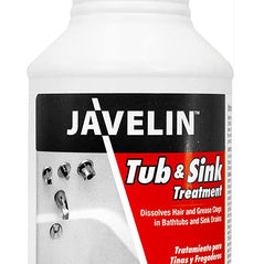 Javelin Javelin Tub & Sink Drain Treatment bottle with label, designed for clearing clogs and eliminating odors in kitchen and bathroom drains