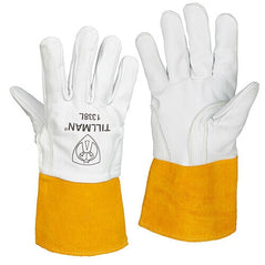 Tillman 1338 unlined goatskin TIG welding gloves showing flexible material and precise fit for enhanced dexterity and control.
