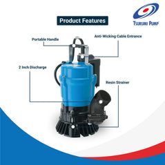 TSURUMI HSE2.4S automatic submersible trash pump with 1/2 HP motor, 2-inch discharge, handling solids and sand for auto dewatering.