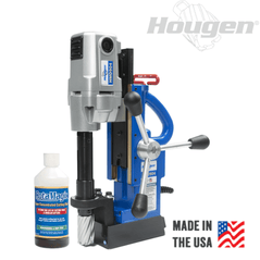 Hougen HMD904 magnetic drill kit with 1-1/2" capacity, portable metal drill and coolant bottle in a compact setup.