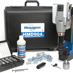Hougen HMD904 magnetic drill kit with 1-1/2" x 2" capacity, portable metal drill with magnetic base and accessories.