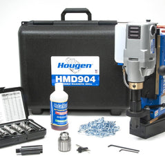 Hougen HMD904 magnetic drill swivel with full kit, 115V, featuring drill components and accessories in the image.