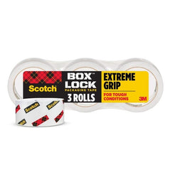 3M Scotch Box Lock Shipping Tape refill pack with three rolls of packaging tape for secure parcel sealing.
