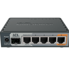 MikroTik hEX S RB760iGS Ethernet router with five GbE ports, SFP slot, and Power over Ethernet (PoE) capability.