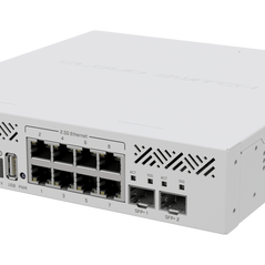 MikroTik CRS310-8G+2S+IN network switch with 8 gigabit ports, 2 10G SFP+ ports, and a sleek black design.