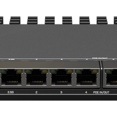 MikroTik RB5009UPr+S+IN PoE router with 8 GbE ports, 2.5G and 10G SFP+ ports, black device with multiple network ports