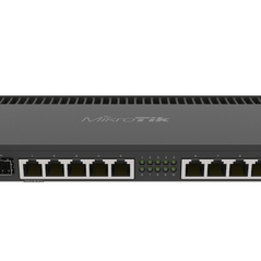 MikroTik RB4011iGS+RM Ethernet router with 10 Gigabit Ethernet ports and SFP+ slots, quad-core CPU, black rectangular device