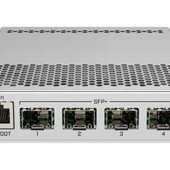 MikroTik CRS305-1G-4S+IN network switch with four SFP+ 10G ports and a compact desktop design.