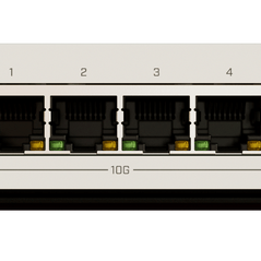 MikroTik CRS304-4XG-IN network switch with four 10GbE RJ45 ports, multi-gigabit connectivity and sleek black design.