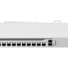 MikroTik CCR2004-1G-12S+2XS Cloud Core Router with 12 SFP+ and 2 25G SFP28 ports, black device with ports on the front.