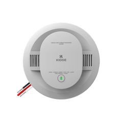 Kidde hardwired smoke and carbon monoxide alarm with AA battery backup and interconnectable design, shown mounted on ceiling