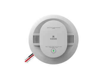 Kidde hardwired smoke and carbon monoxide alarm with AA battery backup and interconnectable design, shown mounted on ceiling